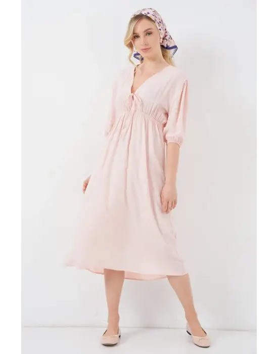 2570 Beli Büzgülü V Yaka Elbise - Pudra