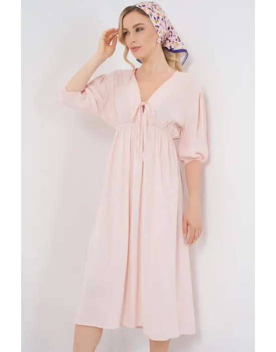 2570 Beli Büzgülü V Yaka Elbise - Pudra