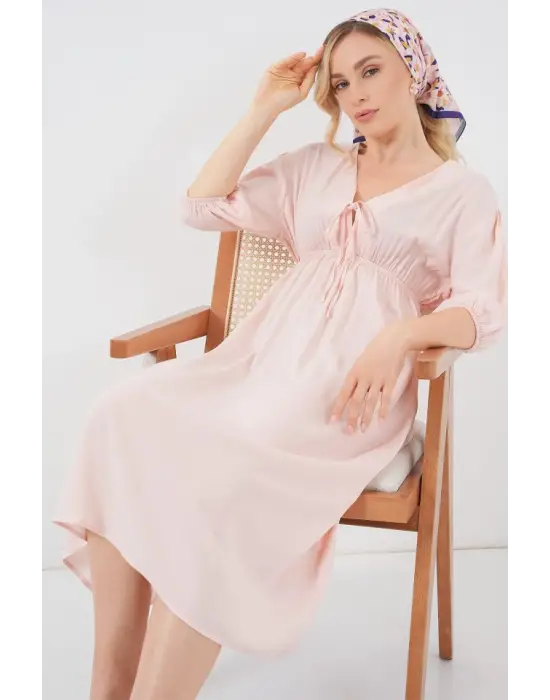 2570 Beli Büzgülü V Yaka Elbise - Pudra