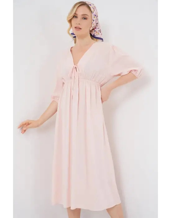 2570 Beli Büzgülü V Yaka Elbise - Pudra