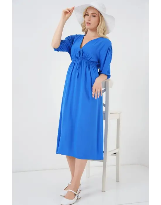 2570 Beli Büzgülü V Yaka Elbise - Saks