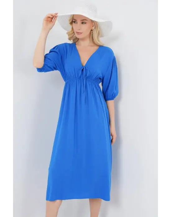 2570 Beli Büzgülü V Yaka Elbise - Saks