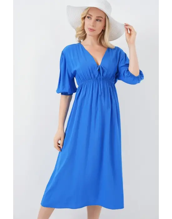 2570 Beli Büzgülü V Yaka Elbise - Saks