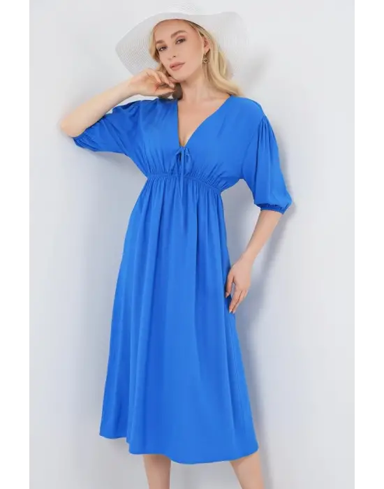 2570 Beli Büzgülü V Yaka Elbise - Saks