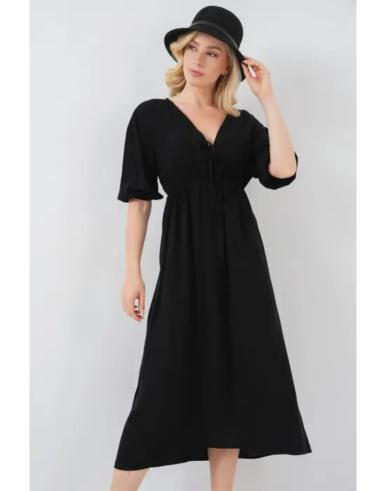 2570 Beli Büzgülü V Yaka Elbise - Siyah