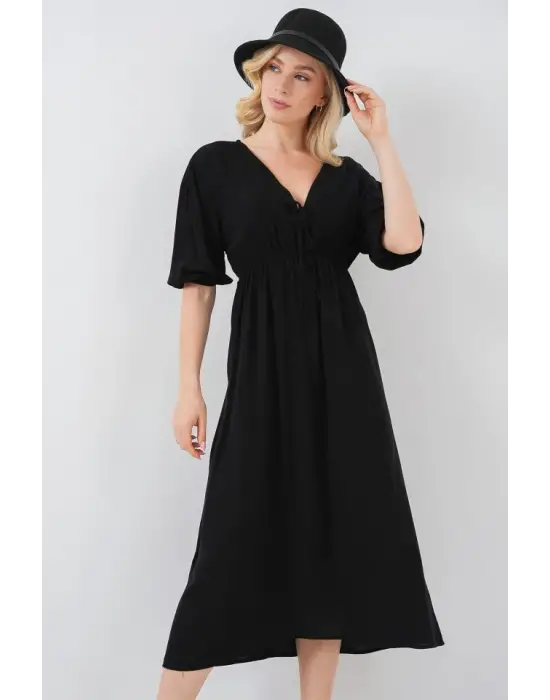 2570 Beli Büzgülü V Yaka Elbise - Siyah