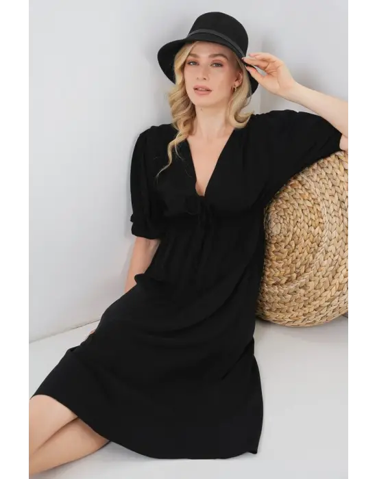 2570 Beli Büzgülü V Yaka Elbise - Siyah