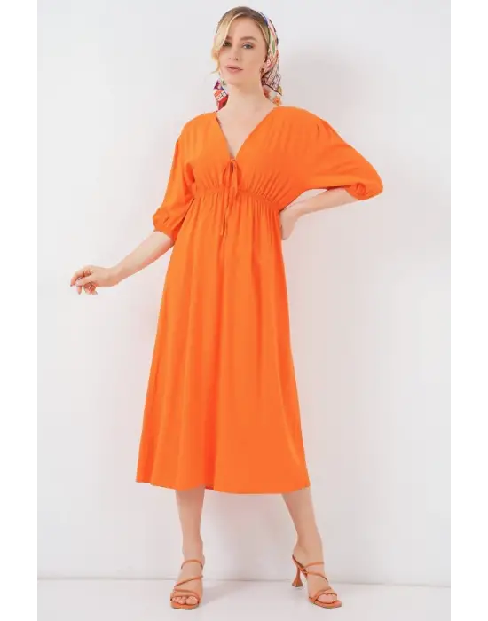 2570 Beli Büzgülü V Yaka Elbise - Turuncu