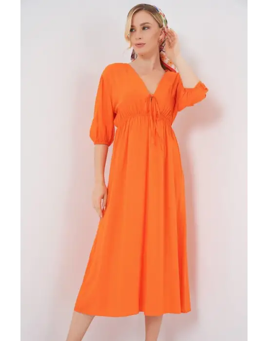 2570 Beli Büzgülü V Yaka Elbise - Turuncu
