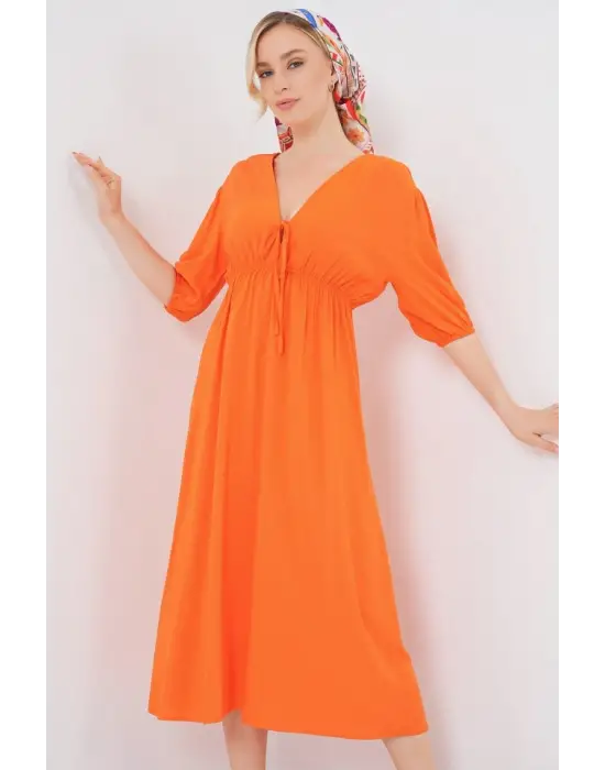 2570 Beli Büzgülü V Yaka Elbise - Turuncu