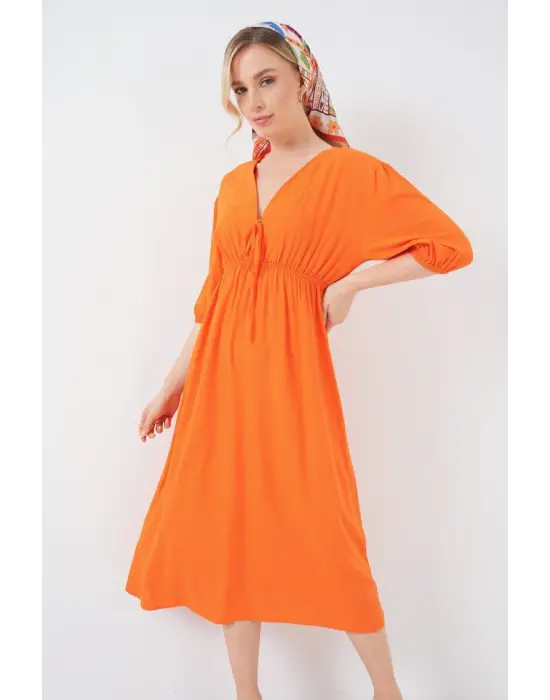 2570 Beli Büzgülü V Yaka Elbise - Turuncu
