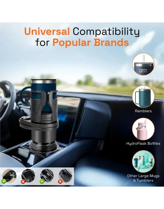 2’si 1 Arada Ayarlanabilir Araç Bardak Tutucu, Genişleyebilir Üst Kısım 3”-6.2”, Şişe Adaptörü, Araba Organizatörü, Dayanıklı Taban, Ramblers Hydroflask Uyumlu, Modern Araç Düzenleyic