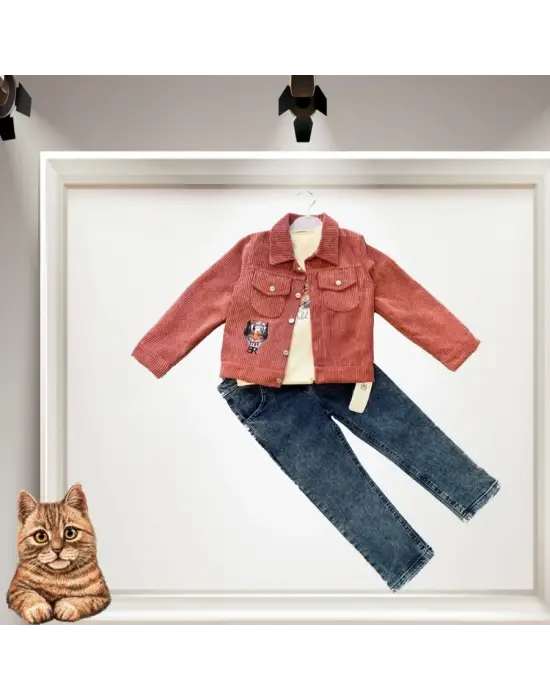 Modern Fitilli Kadife Ceketli 3lü Çocuk Takımı