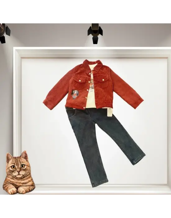 Çocuk 3lü Fitilli Kadife Takım Kiremit