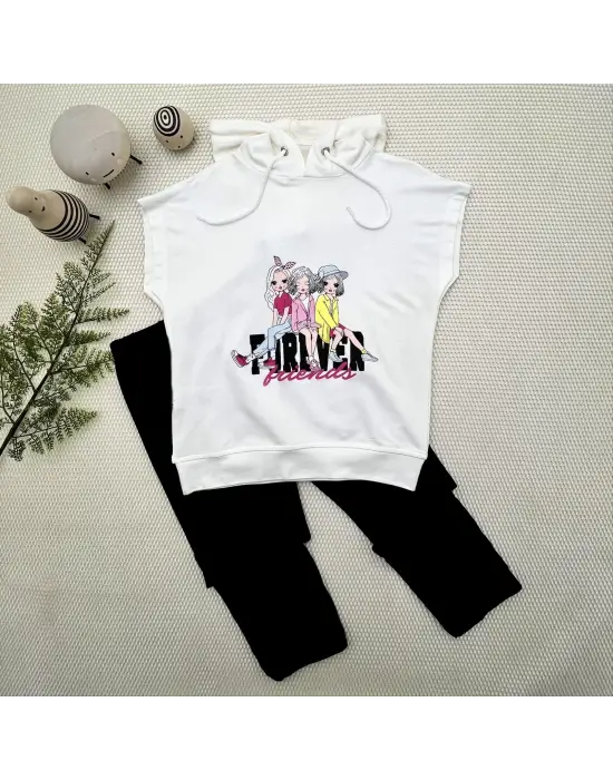 3-4-5 Yaş Forever Cici Kızlar Baskılı Kapşonlu 2li Kız Çocuk Takımı Lacivert