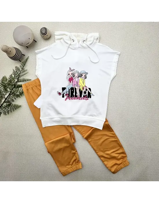 3-4-5 Yaş Forever Cici Kızlar Baskılı Kapşonlu 2li Kız Çocuk Takımı Turuncu