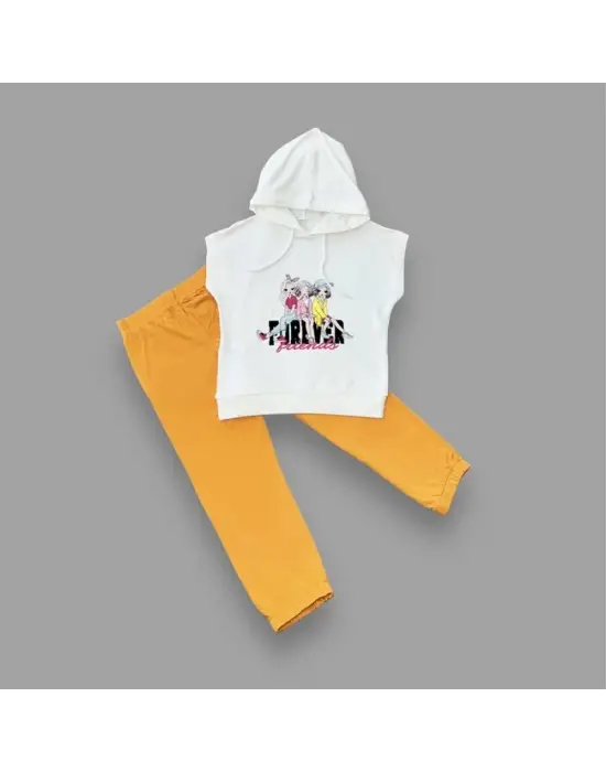 3-4-5 Yaş Forever Cici Kızlar Baskılı Kapşonlu 2li Kız Çocuk Takımı Turuncu