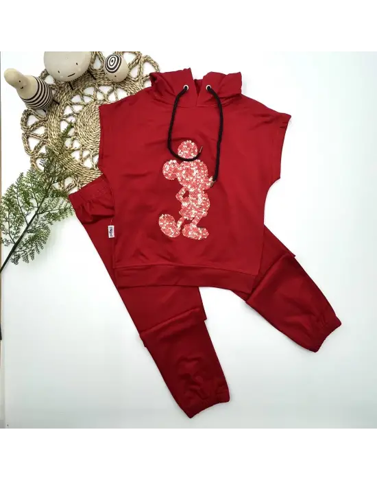Çocuk Kapşonlu Mickey Desenli Takım Kırmızı