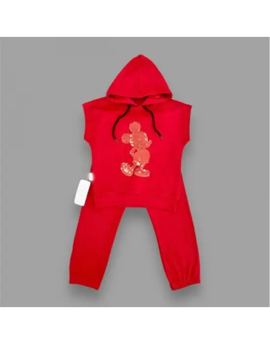Çocuk Kapşonlu Mickey Desenli Takım Kırmızı