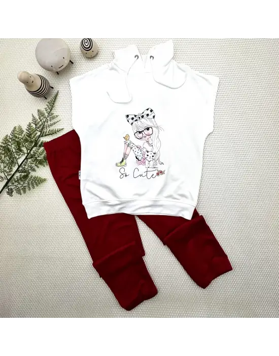 Şık Kapşonlu Sevimli Baskılı Kısa Kollu Çocuk Takımı Kırmızı