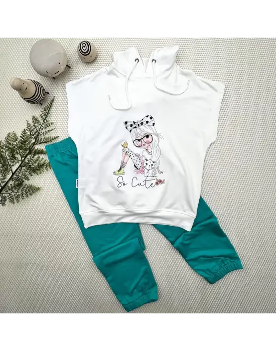 Zarif Kapşonlu Baskılı Çocuk Takımı Turkuaz