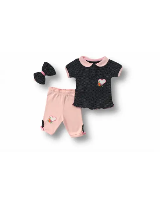 Enerjik Nakışlı Bandanalı Kısa Kollu Sweat Kız Bebek Takımı