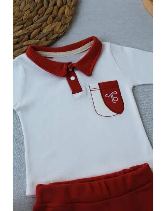 Modern Nakışlı Cep Şapkalı Uzun Kollu Erkek Bebek Sweat Takımı