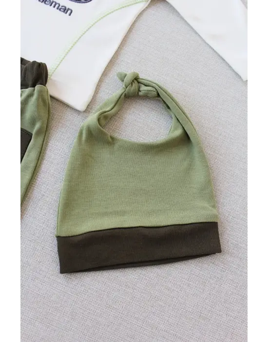 Trend Gentleman Erkek Nakışlı Şapkalı Uzun Kollu 3lü Bebek Takımı Yeşil