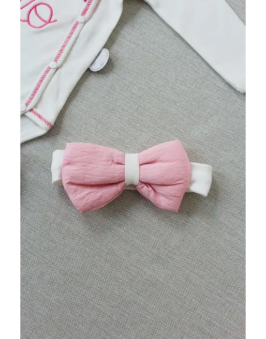 Zarif Nakışlı Kruvaze Bandanalı Uzun Kollu Bebek Takımı Pembe