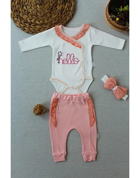 Şık Nakışlı Kruvaze Bandanalı Bebek Takımı