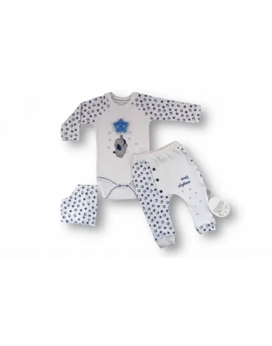 Zarif Nakışlı Bandajlı 3lü Erkek Bebek Takımı