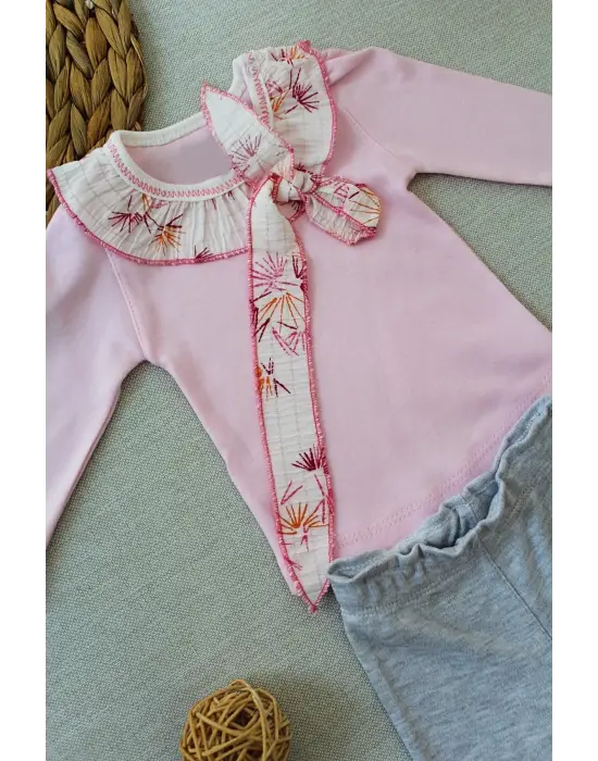 Zarif Matmazel Yaka Fırfır Detaylı Bandanalı Bebek Sweat Takımı