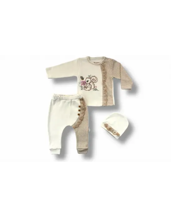 Şık Minik Sincap Nakışlı Uzun Kollu Kız Bebek Takımı