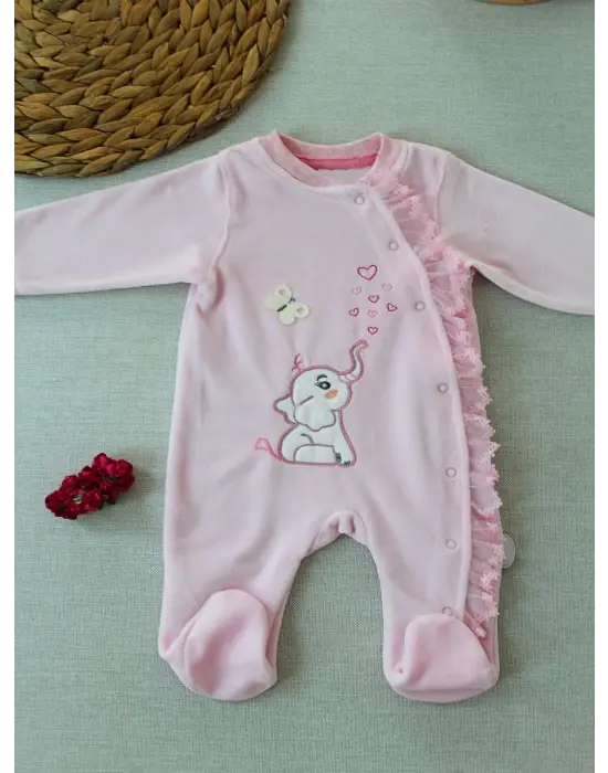 Romantik Fil Nakışlı Pembe Bebek Tulumu