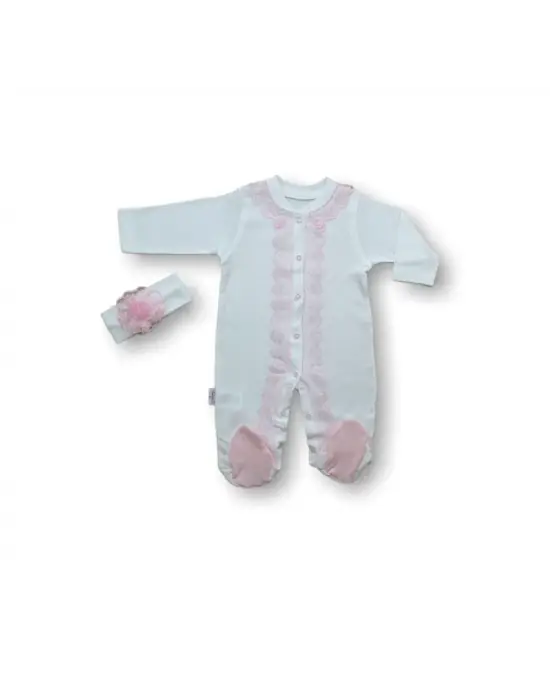 Zarif Dantelli Bandanalı Uzun Kollu Kız Bebek Tulumu