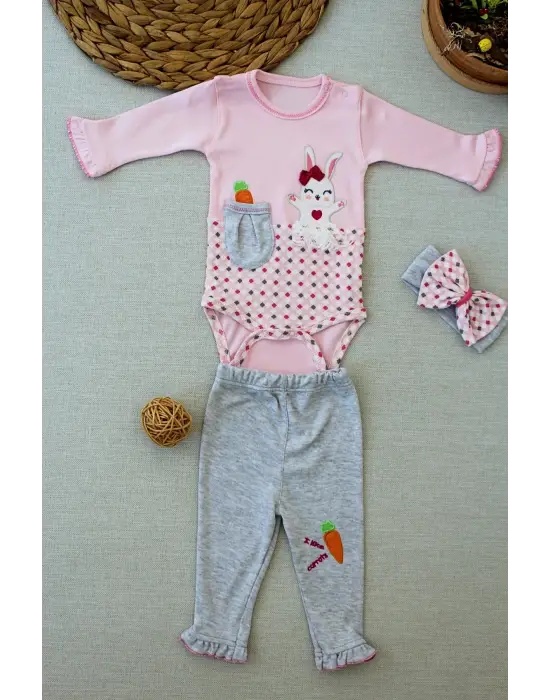 Zarif Nakışlı Bandanalı Bebek Takımı