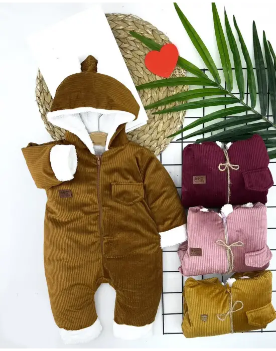 3-6-9-12 Ay Fermuar Kapamalı Kadife Kumaş İçi Tüylü Kız Erkek Bebek Tulumu Bej