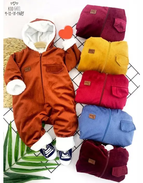 3-6-9-12 Ay Fermuar Kapamalı Kadife Kumaş İçi Tüylü Kız Erkek Bebek Tulumu Kahverengi