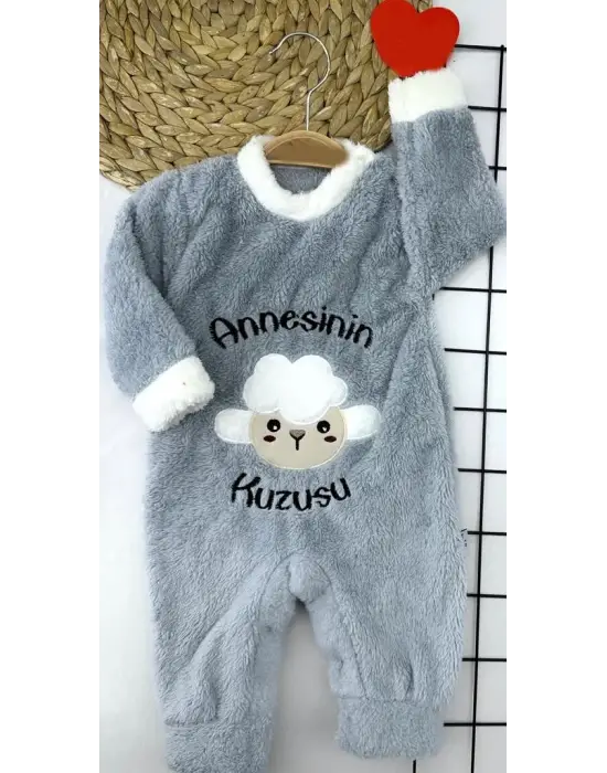 3-6-9-12 Ay Kuzu Tüylü Kumaş Annesinin Kuzusu Nakışlı Alttan Çıtçıtlı Kız Erkek Bebek Tulumu Gri