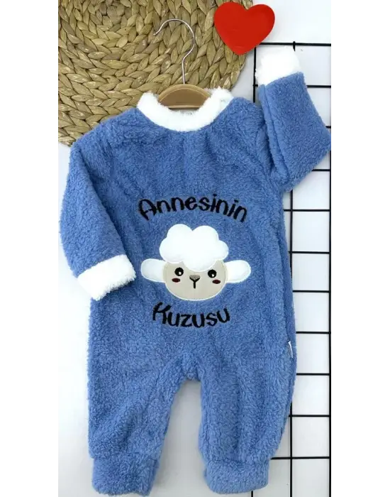 3-6-9-12 Ay Kuzu Tüylü Kumaş Annesinin Kuzusu Nakışlı Alttan Çıtçıtlı Kız Erkek Bebek Tulumu Mavi