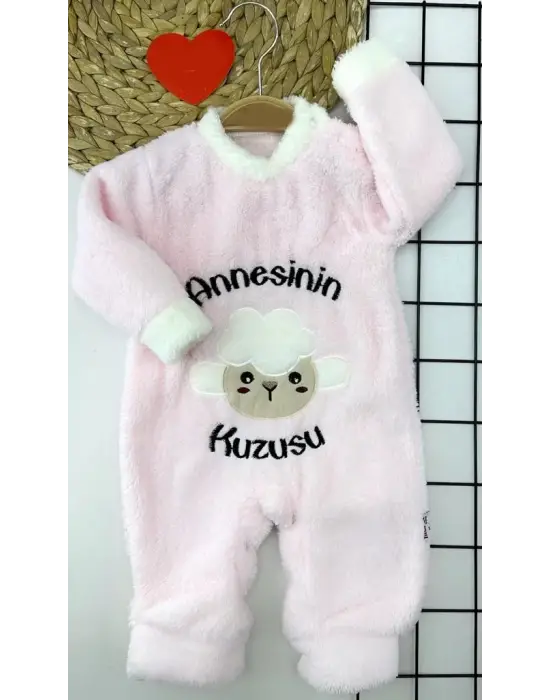 3-6-9-12 Ay Kuzu Tüylü Kumaş Annesinin Kuzusu Nakışlı Alttan Çıtçıtlı Kız Erkek Bebek Tulumu Pembe