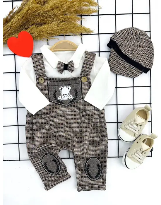 Enerjik Papyonlu Nakış Detaylı Bej Bebek Salopet Takımı