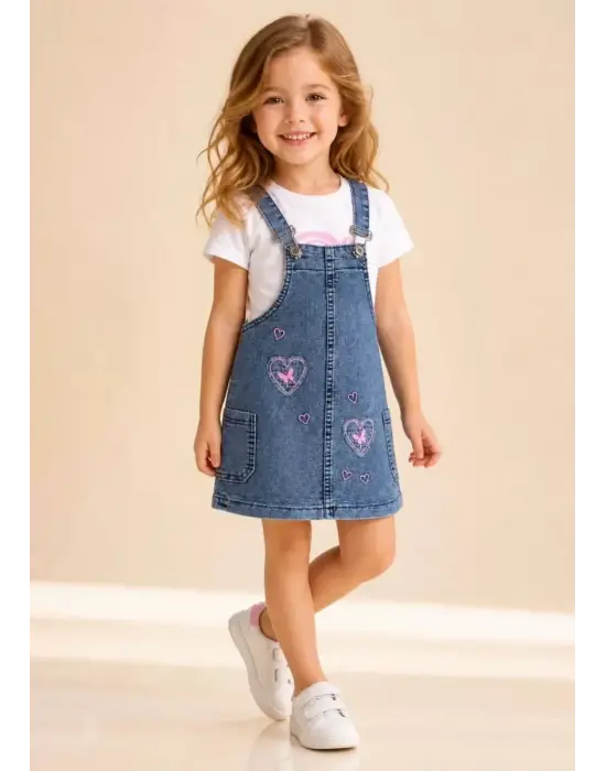 3/7 Yaş Etekli Denim Salopet Çocuk Takımı