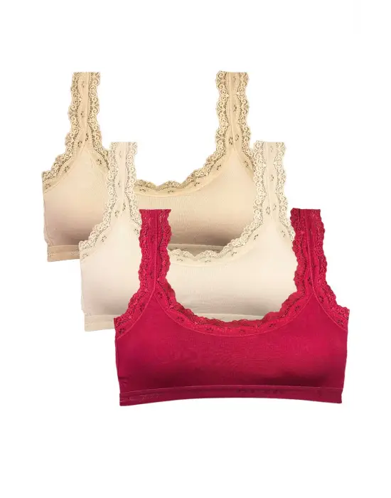 Omarı Nakış İşlemeli Bambu Kadın Büstiyeri Ten Krem Bordo