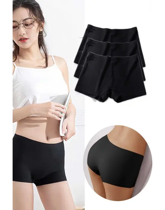 3 Adet Kadın Dikişsiz Görünmez İz Yapmaz Mini Şort Boxer Siyah