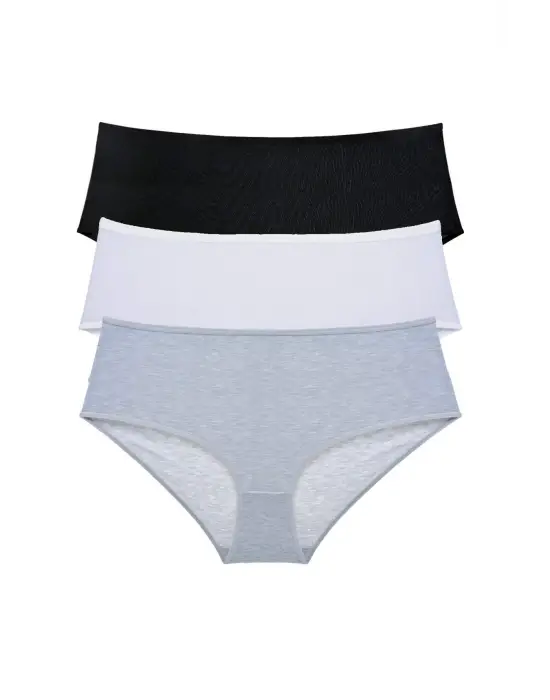 3 Adet Kadın Yüksek Bel   Külot Siyah Beyaz Gri