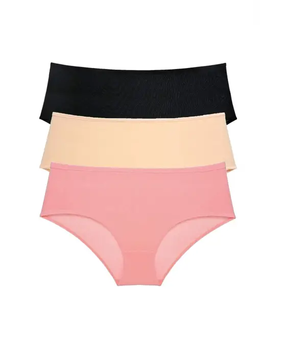 3 Adet Kadın Yüksek Bel   Külot Siyah Ten Pudra