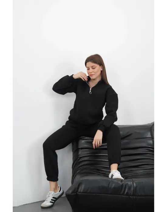 3 iplik içi Şardonlu yarım fermuarlı alt üst takım siyah