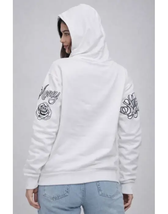 3 İplik Pamuklu Kapüşonlu Baskılı SweatShirt Hoodie - Beyaz