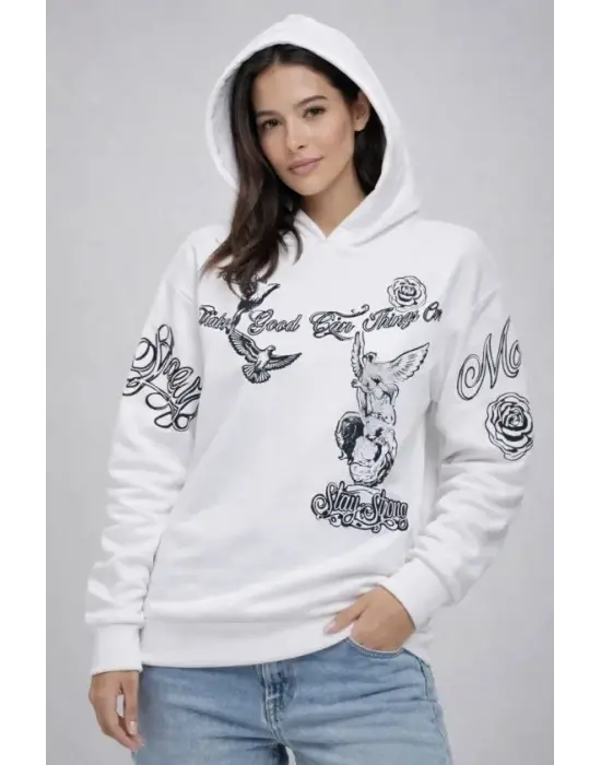 3 İplik Pamuklu Kapüşonlu Baskılı SweatShirt Hoodie - Beyaz